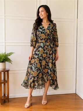 Black Floral Wrap Dress with Yellow Accent